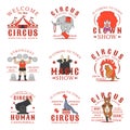 Set of circus logos, emblems, labels and badges. Set of vector templates on white background.