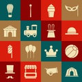 Set Circus tent, Beach ball, Clown hat, Ice cream, Toy train, Hot air balloon and Magician and rabbit ears icon. Vector Royalty Free Stock Photo
