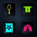 Set Circus tent, Magic hand mirror, Ancient magic book and Magic scroll. Black square button. Vector Royalty Free Stock Photo