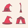 Set Circus tent, Witch hat, Witches broom and Witch hat icon. Vector Royalty Free Stock Photo