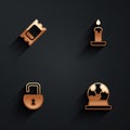 Set Circus ticket, Burning candle, Open padlock and Magic ball icon with long shadow. Vector Royalty Free Stock Photo