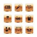 Set Circus ticket, Puzzle pieces toy, Swing, Toy train, Wood easel, Slingshot, Roller skate and Microphone icon. Vector