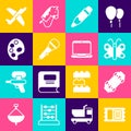 Set Circus ticket, Skateboard, Butterfly, Pencil with eraser, Microphone, Palette, Toy plane and Laptop icon. Vector Royalty Free Stock Photo