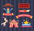 Set of circus welcome. Invitation to activity, event, loud show.