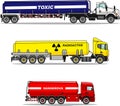 Set of cistern trucks carrying chemical, radioactive, toxic, hazardous substances isolated on white background in flat