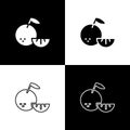 Set Citrus fruit icon isolated on black and white background. Orange in a cut. Healthy lifestyle. Vector Royalty Free Stock Photo