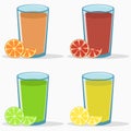 Set of citrus juice - orange, grapefruit, lime, lemon. Natural fresh drink with slice and half fruits. Vector. Royalty Free Stock Photo