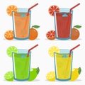 Set of citrus juice - orange, grapefruit, lime, lemon. Natural fresh drink with straw, ice cube, slice and half fruits. Vector. Royalty Free Stock Photo