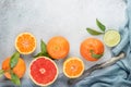 Set of citrus on table: mandarin, grapefruit, lime, tangerine wi Royalty Free Stock Photo