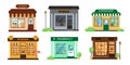 Set of city buildings. Book store, cafe, pharmacy, bakery, pizzeria and supermarket exterior.