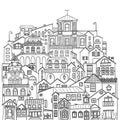 Set of city buildings, houses and streets. Black contour illustration on white background