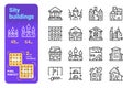 Set city buildings simple lines icons of municipal, cultural, residential.