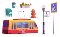 Set of city items tram, water hydrant, litter bin