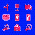 Set City map navigation, Laptop with location marker, Compass, Monitor, Folded and Road traffic sign icon. Vector