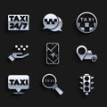 Set City map navigation, Magnifying glass and taxi car, Traffic light, Location with, Hand, Taxi roof and icon. Vector