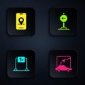 Set City map navigation, , Road traffic sign and Traffic turn left. Black square button. Vector Royalty Free Stock Photo