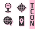 Set City map navigation, Stop sign, Globe with flying plane and World globe with compass icon. Vector. Royalty Free Stock Photo