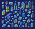 Set of city night neon ultraviolet set of isometric buildings