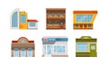 Set of city public buildings. Restaurant, shop and office detailed facades flat vector illustration