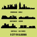 Set of 6 city silhouette in Alabama ( Huntsville, Gulf Shores, Montgomery, Birmingham, Auburn, Mobile )