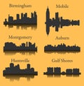 Set of 6 city silhouette in Alabama ( Huntsville, Gulf Shores, Montgomery, Birmingham, Auburn, Mobile )