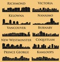 Set of 10 City silhouette in British Columbia, Canada ( Vancouver, Burnaby, Kelowna, Nanaimo, Kamloops, Prince George )