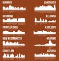 Set of 10 City silhouette in British Columbia, Canada ( Vancouver, Burnaby, Kelowna, Nanaimo, Kamloops, Prince George )