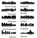 Set of 10 City silhouette in British Columbia, Canada ( Vancouver, Burnaby, Kelowna, Nanaimo, Kamloops, Prince George )