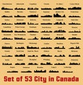 Set of 53 City silhouette in Canada (Toronto, Calgary, Quebec City, Montreal, Ottawa, Vancouver, Niagara Falls,)