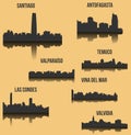 Set of 7 City silhouette in Chile ( Santiago, Vina del Mar, Valvidia, Antofagasta, Las Condes, Valparaiso, Temuco )