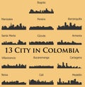 Set of 13 City silhouette in Colombia ( Bogota, Manizales, Cucuta, Medellin, Pereira, Armenia, Neiva, Cali, Cartagena )