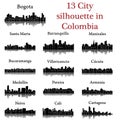 Set of 13 City silhouette in Colombia ( Bogota, Manizales, Cucuta, Medellin, Pereira, Armenia, Neiva, Cali, Cartagena )