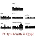 Set of 7 City silhouette in Egypt ( Cairo, Suez, Luxor, Alexandria, Port Said, Giza, Shubra El-Kheima )