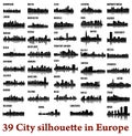 Set of 39 city silhouette in Europe ( London, Berlin, Warsaw, Liverpool, Brussels, Barcelona, Paris, Dusseldorf, )