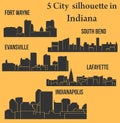 Set of 5 City silhouette in Indiana (Indianapolis, South Bend, Lafayette, Fort Wayne, Evansville)