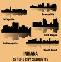 Set of 5 City silhouette in Indiana (Indianapolis, South Bend, Lafayette, Fort Wayne, Evansville)