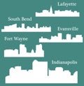 Set of 5 City silhouette in Indiana (Indianapolis, South Bend, Lafayette, Fort Wayne, Evansville)