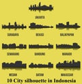 Set of 10 City silhouette in Indonesia ( Jakarta, Semarang, Bandung, Medan, Manado, Balikpapam, Batam )