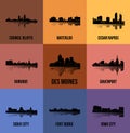 Set of 9 City silhouette in Iowa (Des Moines, Iowa City, Sioux City, Waterloo, Fort Dodge, Council Bluffs )