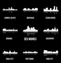 Set of 9 City silhouette in Iowa (Des Moines, Iowa City, Sioux City, Waterloo, Fort Dodge, Council Bluffs )