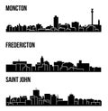 Set of 3 City silhouette in New Brunswick, Canada ( Fredericton, Saint John, Moncton )