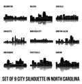 Set of 9 city silhouette in North Carolina ( Morehead City, Wilmington, Winston-Salem, Greensboro, Fayetteville )