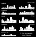 Set of 9 city silhouette in North Carolina ( Morehead City, Wilmington, Winston-Salem, Greensboro, Fayetteville )