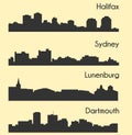 Set of 4 city silhouette in Nova Scotia, Canada ( Halifax, Lunenburg, Sydney, Dartmouth ) Royalty Free Stock Photo
