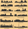 Set of 12 City Silhouette in Ontario, Canada ( Toronto, London, Barrie, Kitchener, Oshawa, Mississauga ) Royalty Free Stock Photo