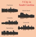 Set of 5 city silhouette in South Carolina ( Charleston, Greenville, Myrtle Beach, Spartanburg, Columbia )