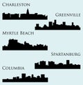 Set of 5 city silhouette in South Carolina ( Charleston, Greenville, Myrtle Beach, Spartanburg, Columbia )