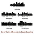 Set of 5 city silhouette in South Carolina ( Charleston, Greenville, Myrtle Beach, Spartanburg, Columbia )