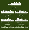 Set of 5 city silhouette in South Carolina ( Charleston, Greenville, Myrtle Beach, Spartanburg, Columbia )