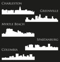 Set of 5 city silhouette in South Carolina ( Charleston, Greenville, Myrtle Beach, Spartanburg, Columbia )